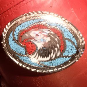 HEAVY Vintage Silver Belt Buckle Eagle in Turquoise and Coral Inlay Made in USA!